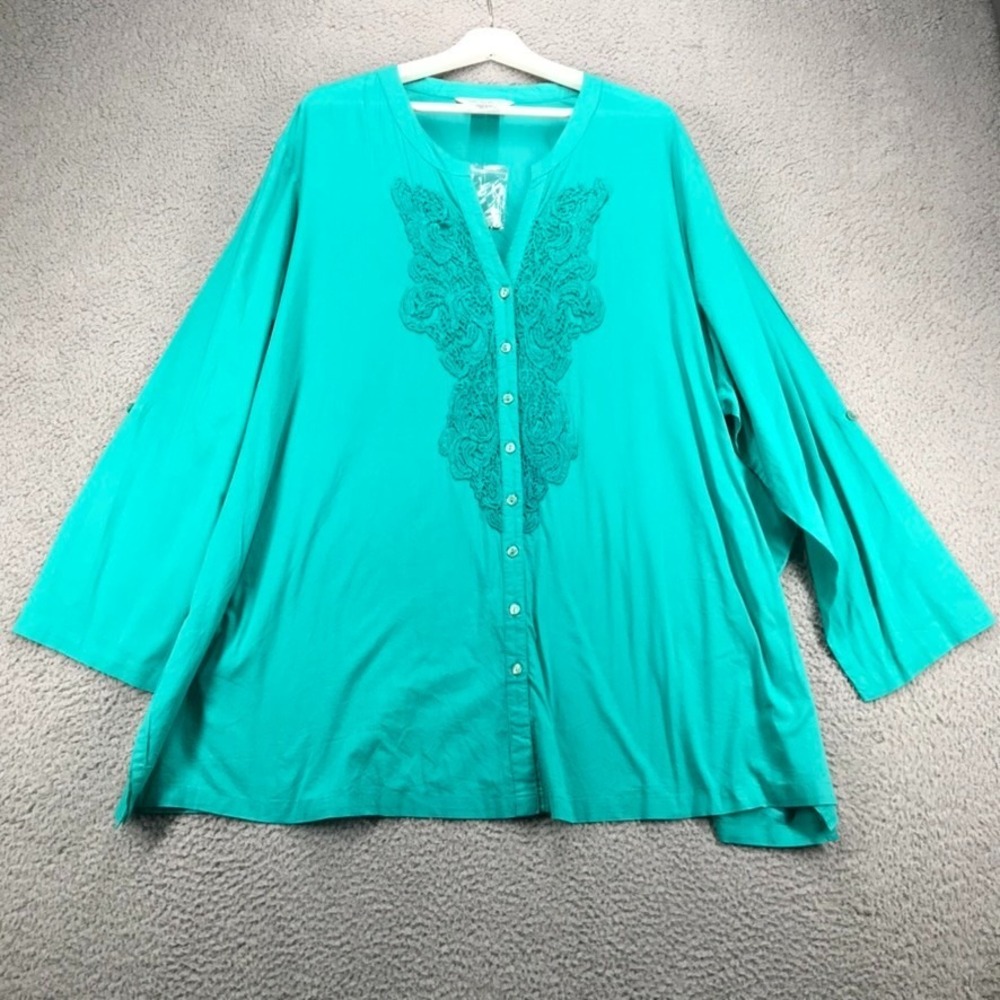 ULLA POPKEN Top Size 28/30 Teal Crochet Cotton Button Up Long Sleeve NEW